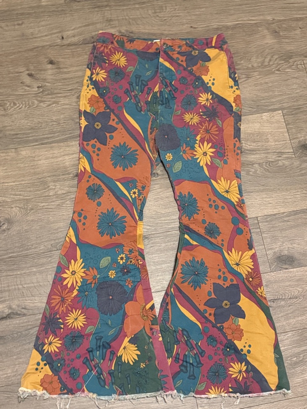We The Free Floral Patchwork Flare Jeans in Mustard, Teal & Rust